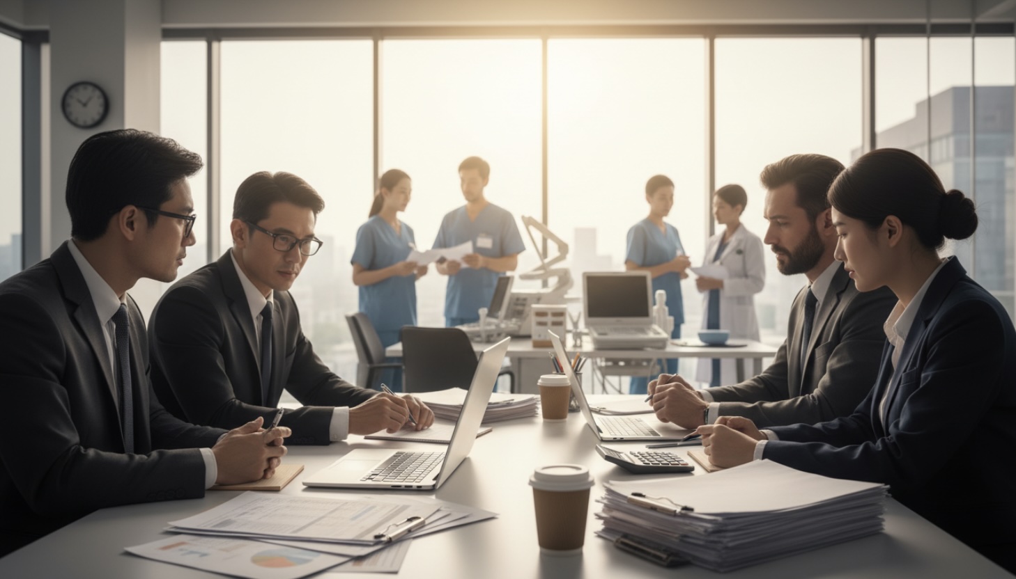 MediCalc accountants in a planning meeting, with medical staff in the background