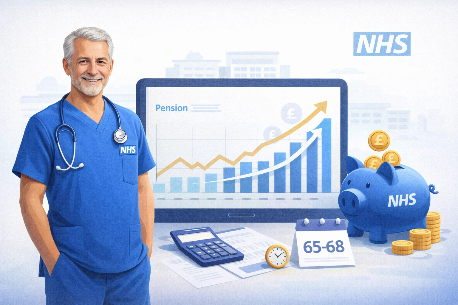 An NHS clinician with a rising pension projection chart and savings